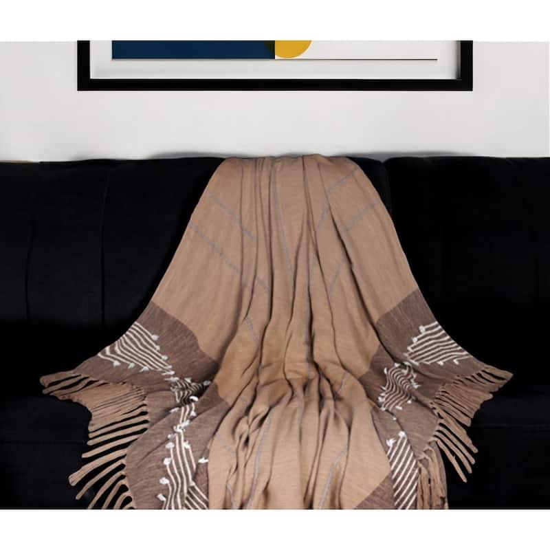 HomeRoots 50" X 60" Brown and Beige Woven Cotton Striped Throw Blanket with Tassels and Embroidery - Throw