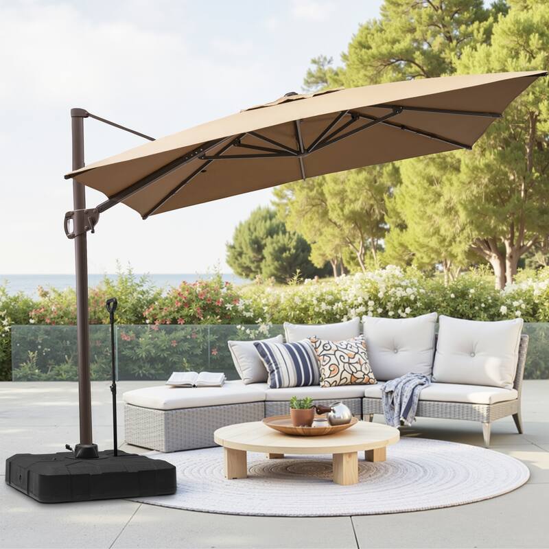 11 x 9 FT Aluminum Outdoor Patio Offset Cantilever Umbrella with Base - Tan