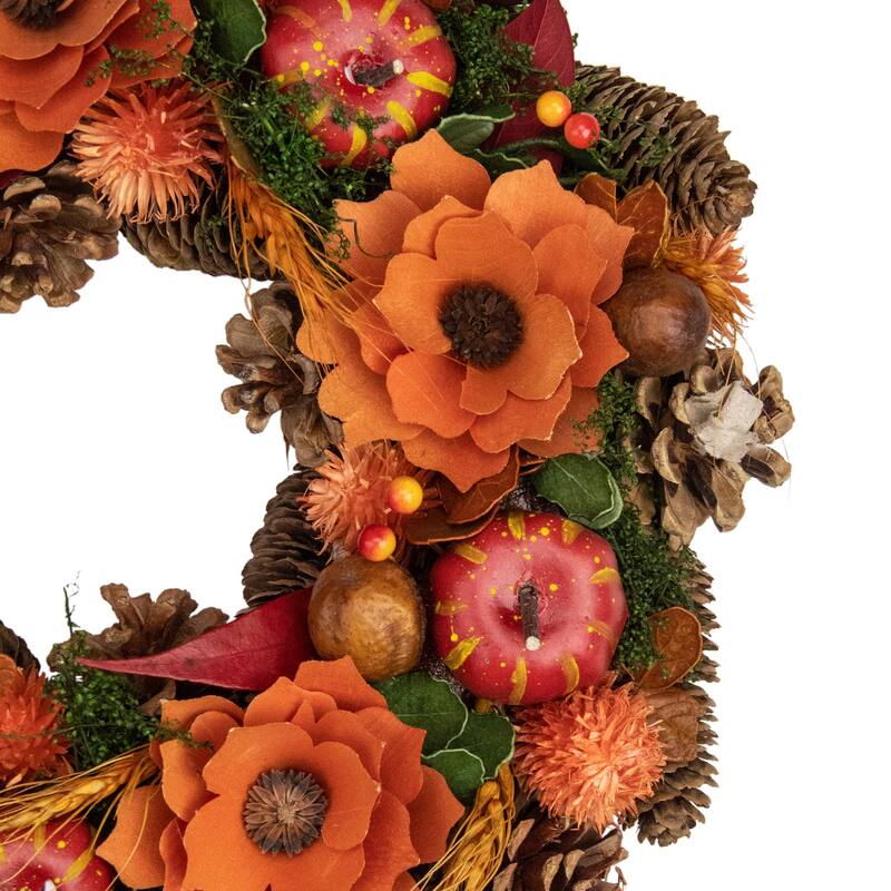 Autumn Harvest Orange Flowers Gourds Pine Cone Wreath 13.25 Inch Unlit