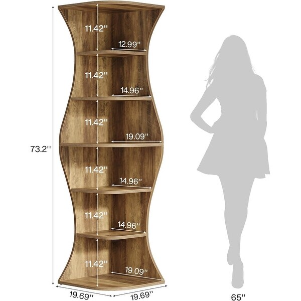 73-Inch Brown MDF Corner Bookcase, 6-Tier Corner Shelf for Living