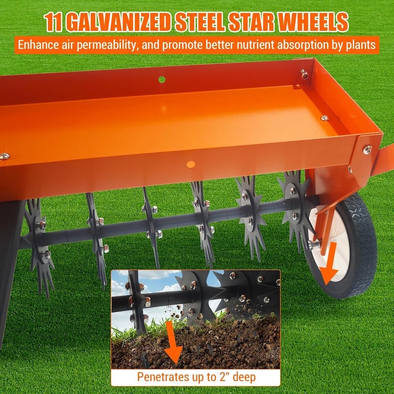 40-Inch Tow-Behind Lawn Aerator Heavy-Duty Steel Teeth Adjustable Handle & Transport Wheels Orange
