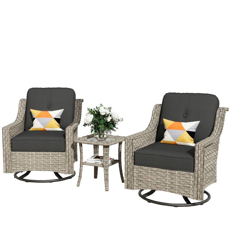 XIZZI 3-Piece Swivel Rocking Chair Rattan Wicker Outdoor Patio Furniture Bistro Set