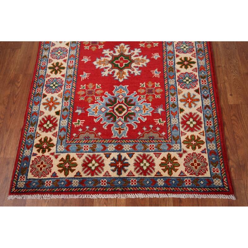 Geometric Kazak Foyer Rug Hand-Knotted Red Wool Carpet - 2'8" x 3'11"