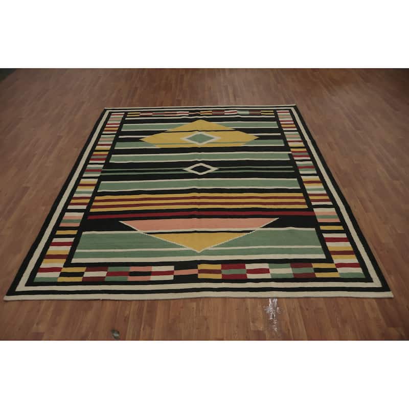 Hand Woven Oriental 100% Wool Carpet Southwestern Modern Green Kilim Area Rug - 9' 11'' X 8' 5''