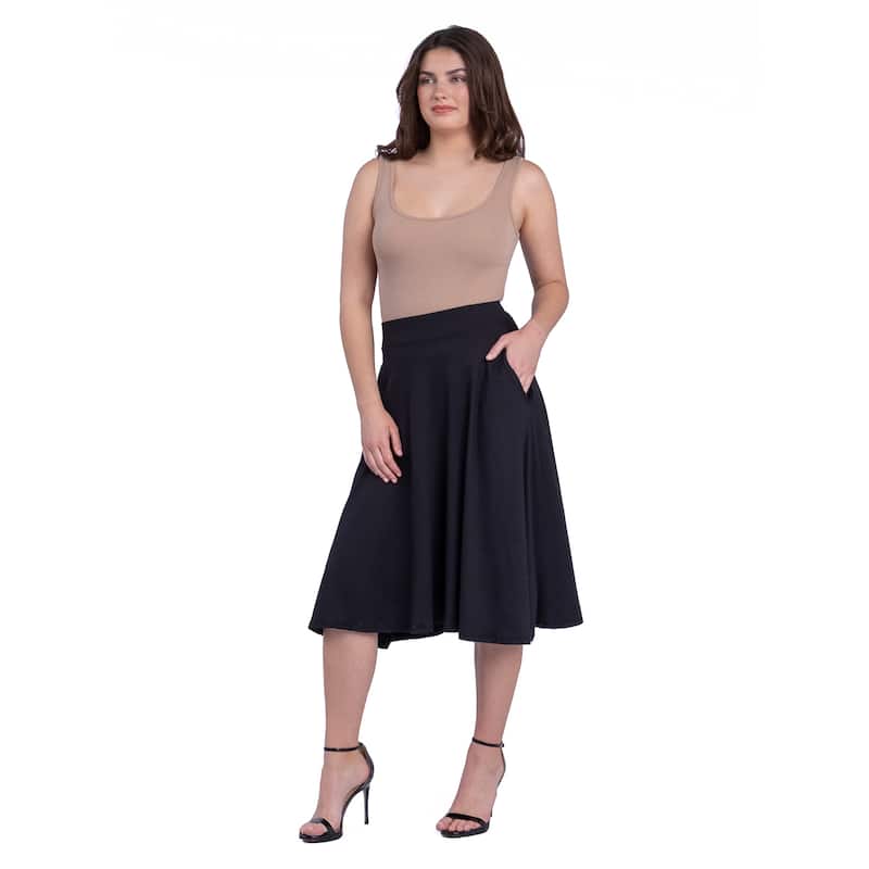 24seven Comfort Apparel Elastic Waist Pleated Pocket Midi Skirt