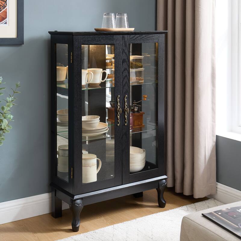 Curio Cabinet with Tempered Glass Doors, Lighted Display Cabinet with Mirrored Back Panel & Adjustable Shelves