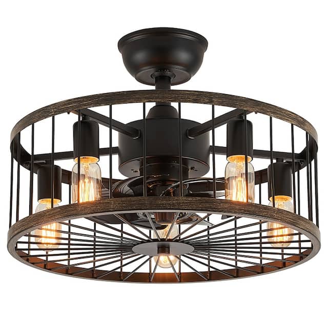Modern Farmhouse Drum Fandelier Black Caged Ceiling Fan With Light