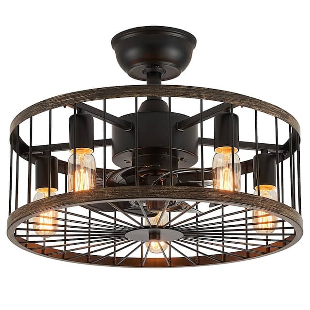 Modern Farmhouse Drum Fandelier Black Caged Ceiling Fan with Light