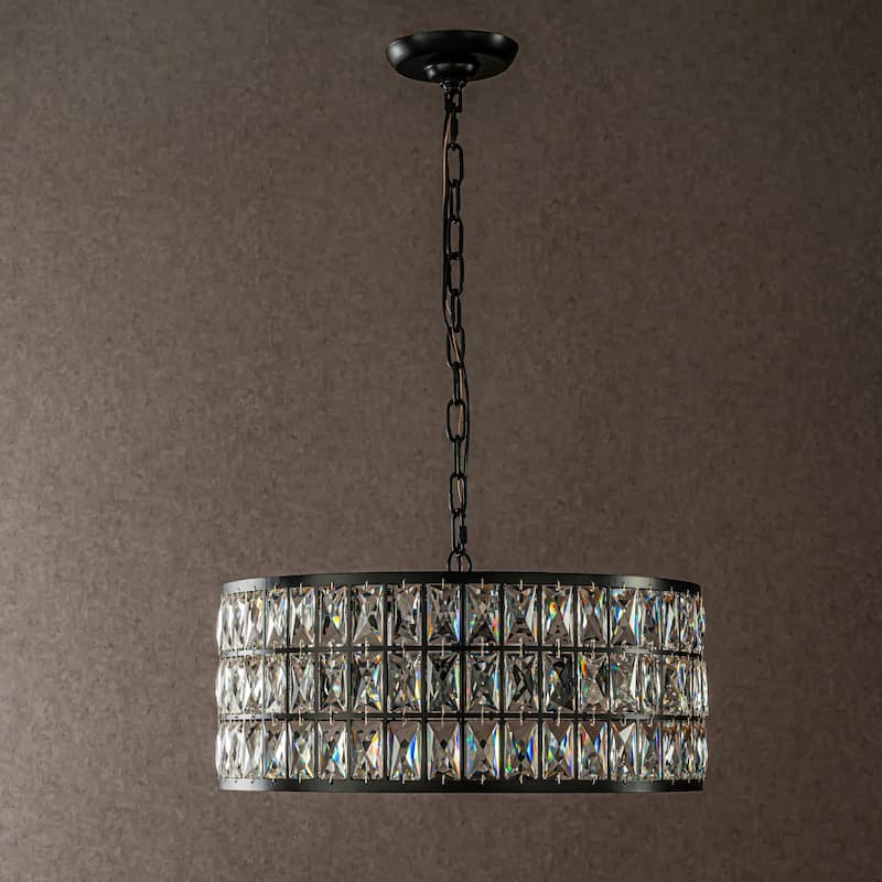 CraftHome 20'' Modern Crystal Chandelier Matte Black Finish 6-Light Round Drum Pendant Light Fixture for Dining Room Kitchen - W20‘’ - Black