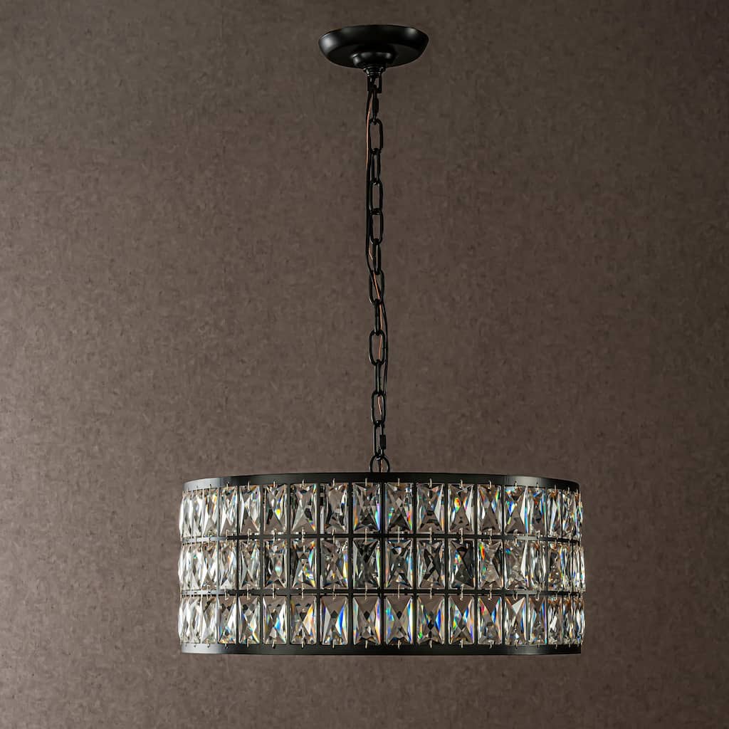 CraftHome 20'' Modern Crystal Chandelier Matte Black Finish 6-Light Round Drum Pendant Light Fixture for Dining Room Kitchen