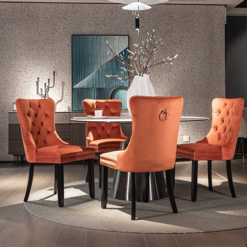 Modern Velvet Upholstered Dining Chair with Wood Legs,Set of 2 - Orange