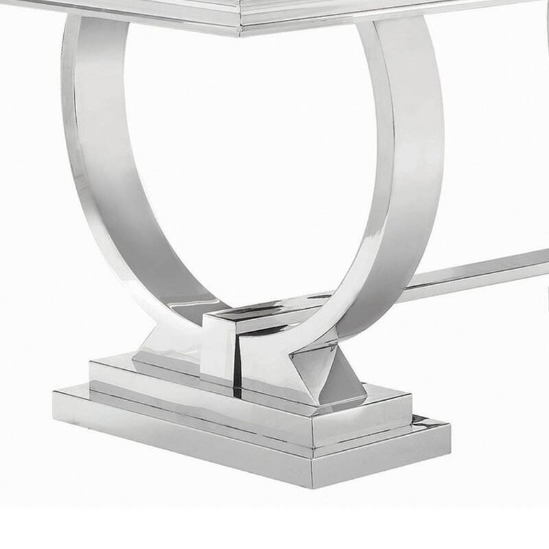 Dining Table with Glass Top and Trestle Base, Black and Chrome
