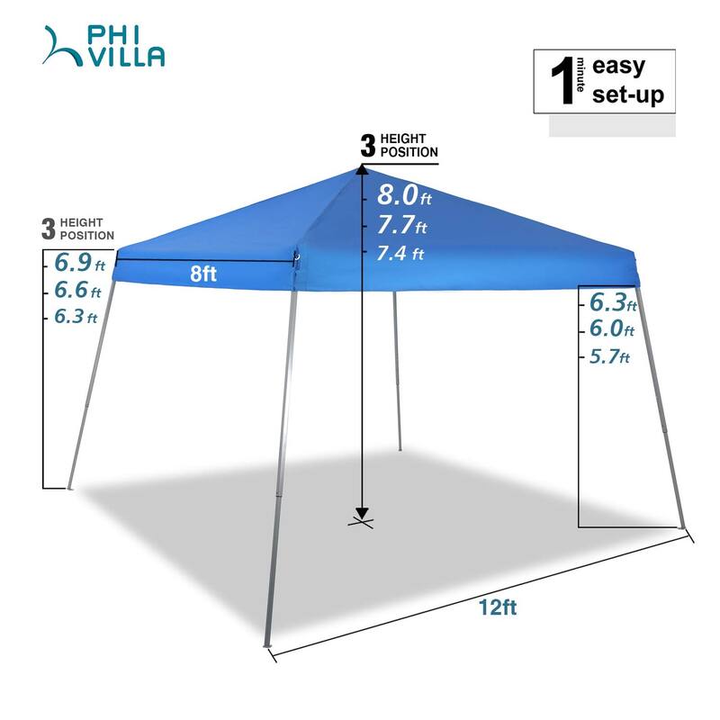 PHI VILLA 12' x 12' Slant Leg Pop-up Canopy, 81 Sq. Ft of Shade, Instant Folding Canopy, Blue - 12x12ft