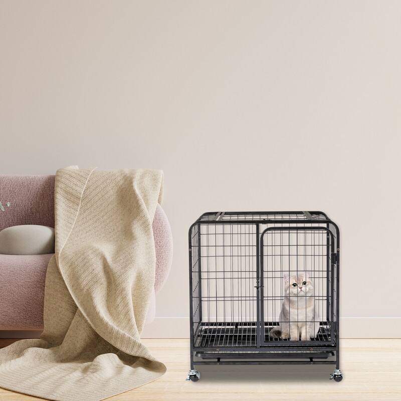 Black Metal Pet Crate Cage Kennel With Wheels