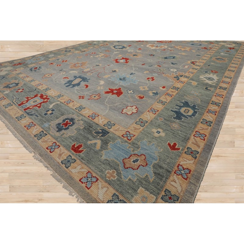 Hand Knotted Oushak Slate All-Over Wool Arts & Crafts Oriental Rug - 9' 1'' x 11'