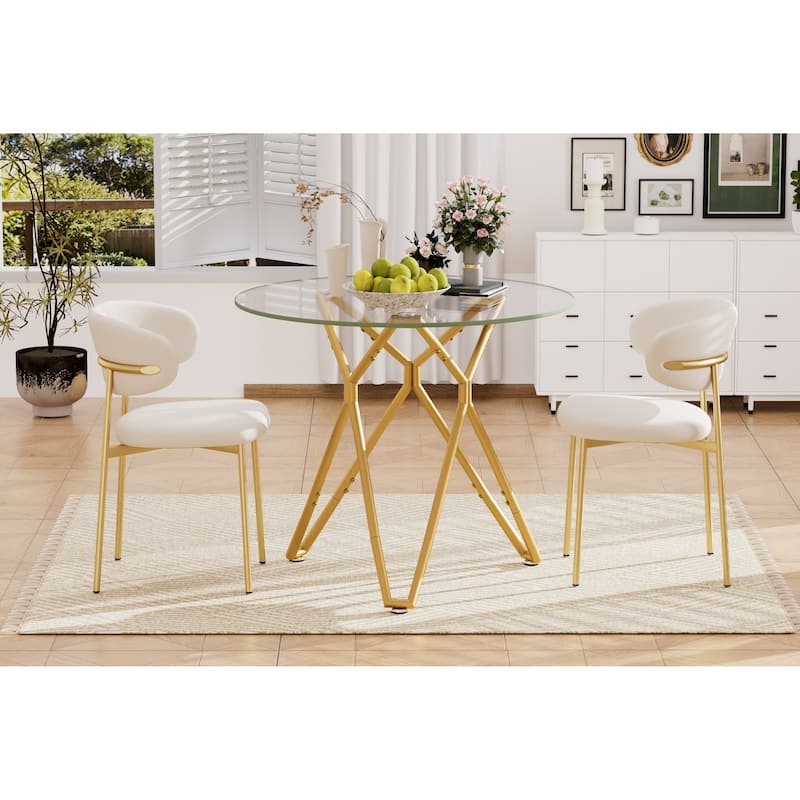 35.4-Inch Round Tempered Glass Dining Table, Suitable For 1-4 People, Space-Saving Small Kitchen Dining Table - Gold