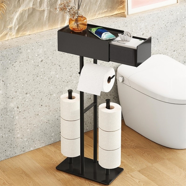 Bamboo Toilet Paper Holder Stand With Storage - Freestanding 6-Roll Organizer For Small Bathrooms