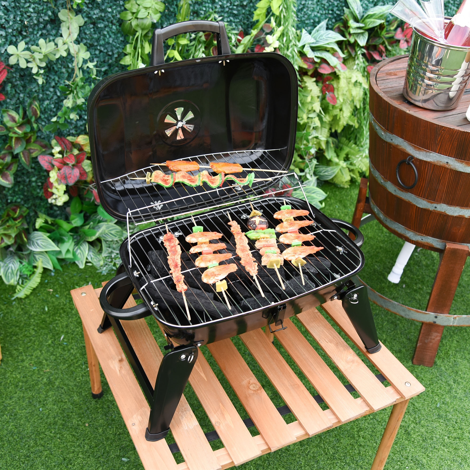 14 in. Iron Porcelain Portable Folding Outdoor Tabletop Charcoal Barbecue  Grill in Black with Compact Design