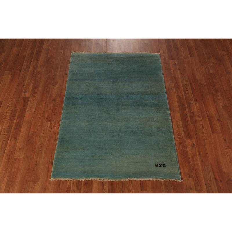 Green & Blue Gabbeh Modern Rug Handmade Stripe Wool Carpet - 3'4" x 4'10"