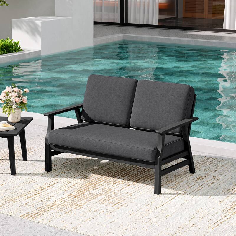 Teak Frame Outdoor Loveseat Daybed with Water-Resistant Cushions.