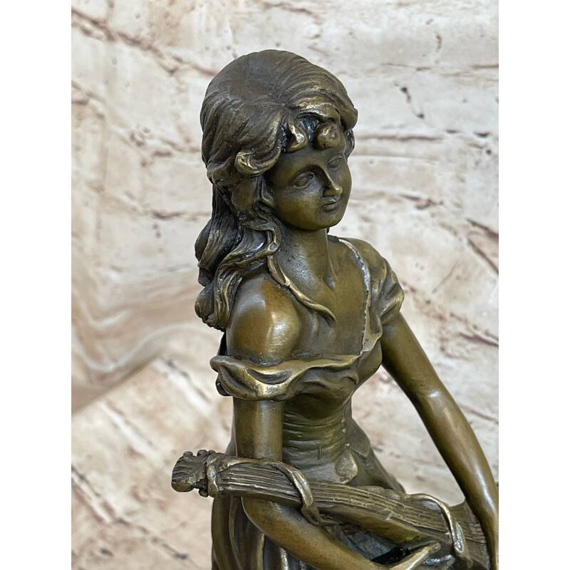Young Girl With Guitar Musical Instrument Musician Bronze Statue Sculpture Figure 13 Inches X 6.5 Inches