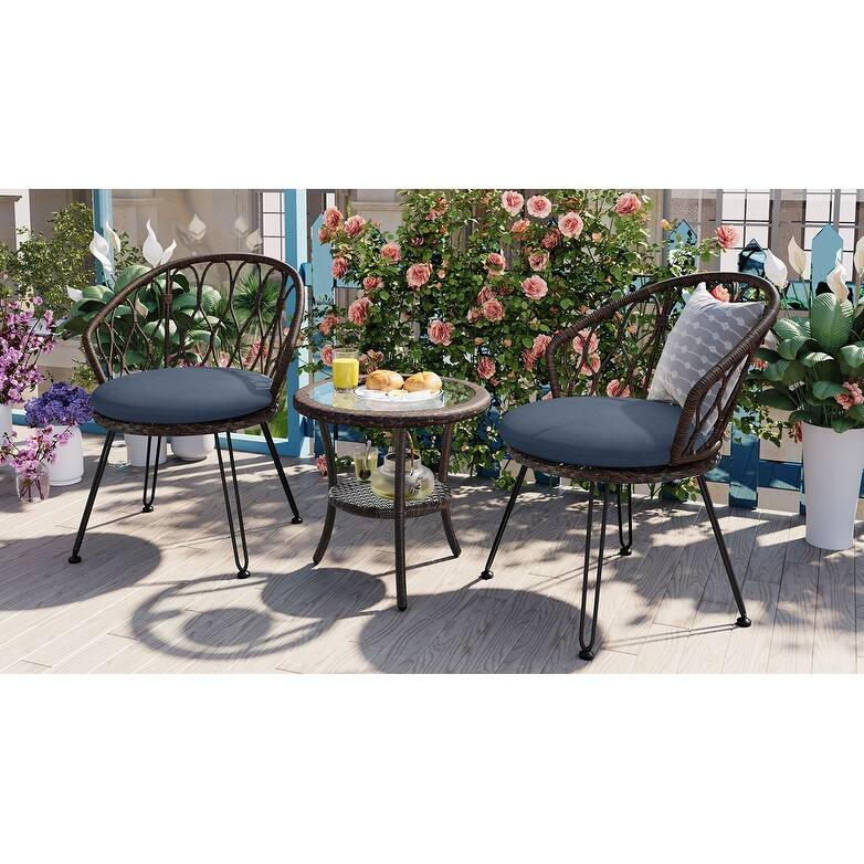Outdoor 3 Piece Casual Dining Table Set Glass Round Coffee Table with Storage Rack and 2 Rattan Chairs with Cushions