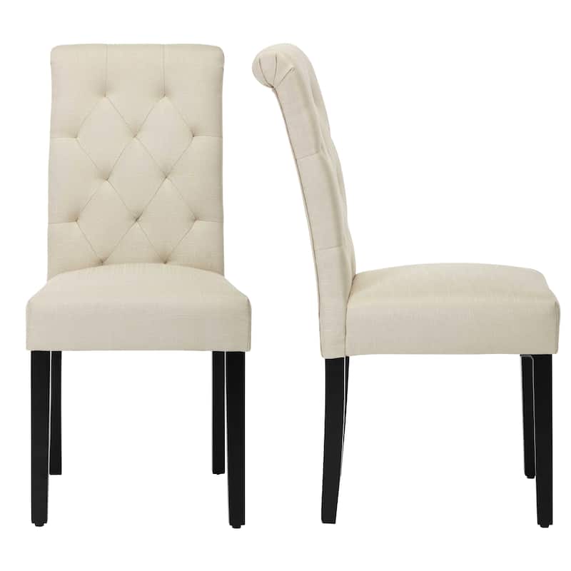 Fabric Upholstery High Back Tufted Parson Dining Chairs and Black Legs Set of 2 - Beige-2-Piece