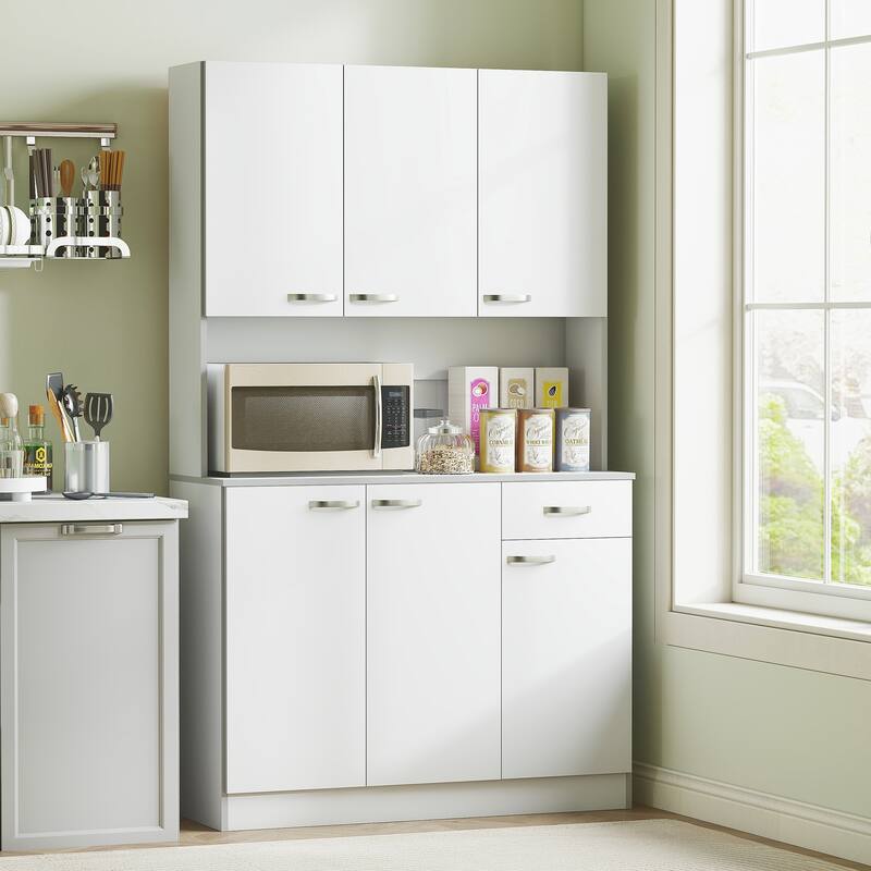 HOMCOM 71" Freestanding Kitchen Buffet Hutch Cupboard with 6 Doors, 3 Adjustable Shelves, and 1 Drawer, White - White