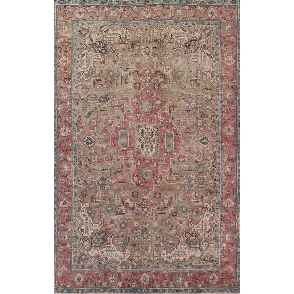Brown Distressed Tabriz Persian Antique Area Rug Handmade Wool Carpet - 9'2" x 12'10"
