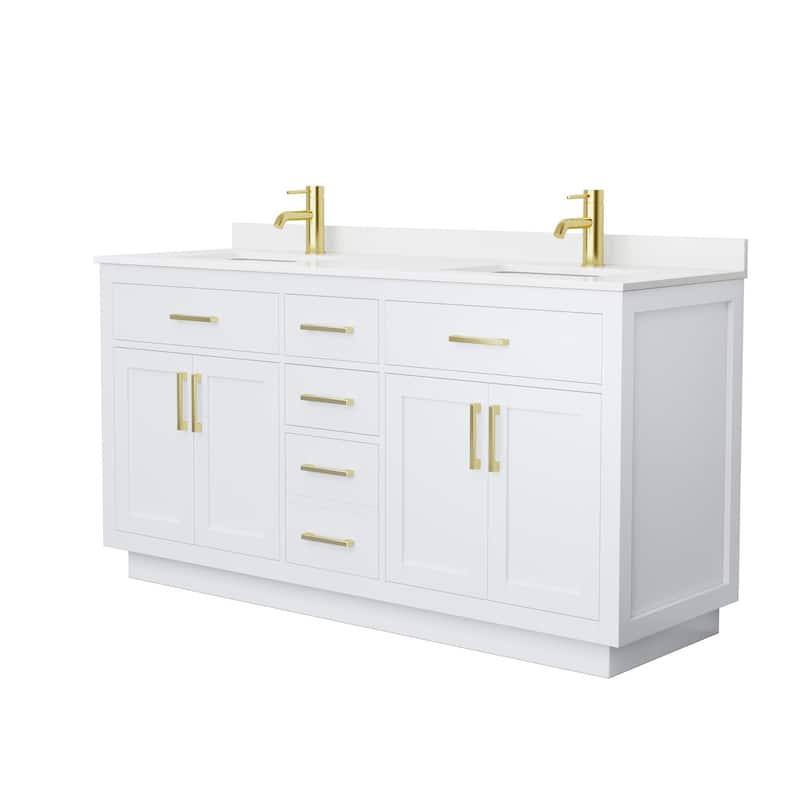Beckett TK 66-inch Double Vanity, Single Hole Quartz Top - White, Gold Trim, White Quartz Top
