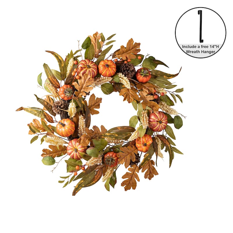 Glitzhome Fall Pumpkin Leaf Pine Cones Floral Swag Wreath Garland Thanksgiving Decor - Wreath