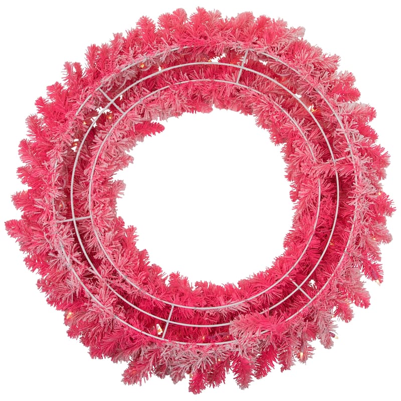 Pre-Lit Flocked Pink Artificial Christmas Wreath 36 Inch, Clear Lights
