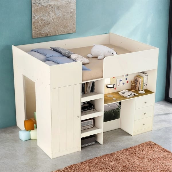 slide 2 of 9, Wood Full Size Loft Bed with Built-in Wardrobe,Desk,Storage Shelves