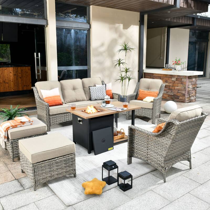 HOOOWOOO 6-piece Wicker Patio Furniture Set with Fire Pit Table - Beige