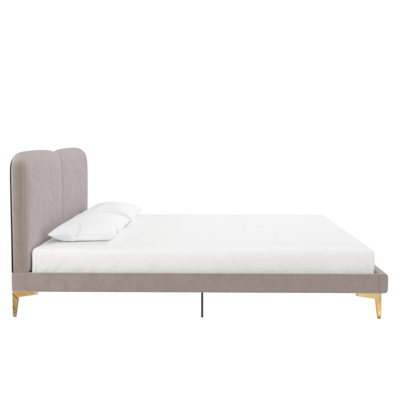 Velvet Upholstered Platform Bed with Foam-Padded Headboard, Modern Metal Legs, King Size