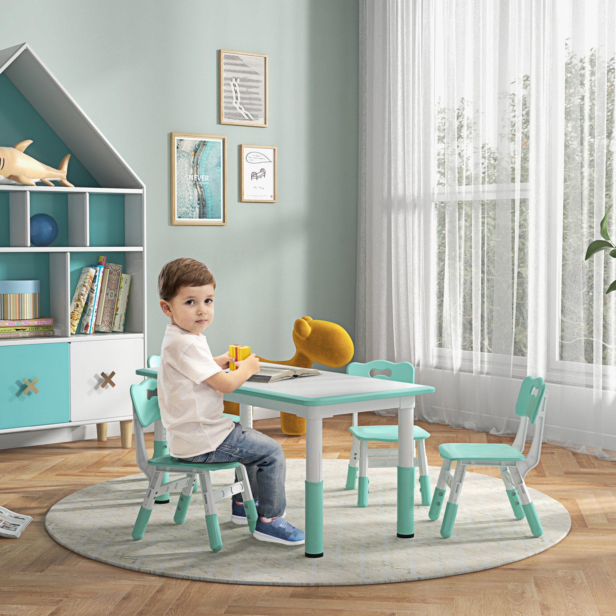 Qaba Kids Table and Chair Set with 4 Chairs Adjustable Height