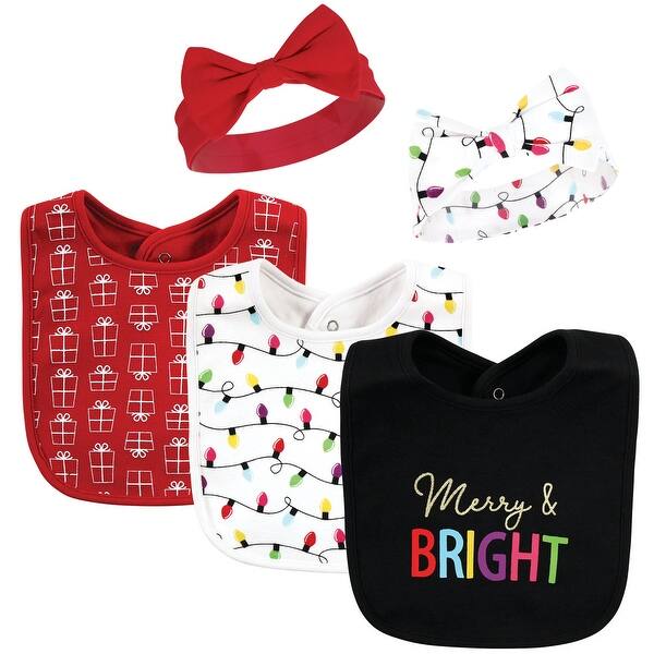 slide 1 of 1, Hudson Baby Infant Girls Cotton Bib and Headband or Caps Set, Merry And Bright, One Size - Merry And Bright - One Size One Size - Merry And Bright
