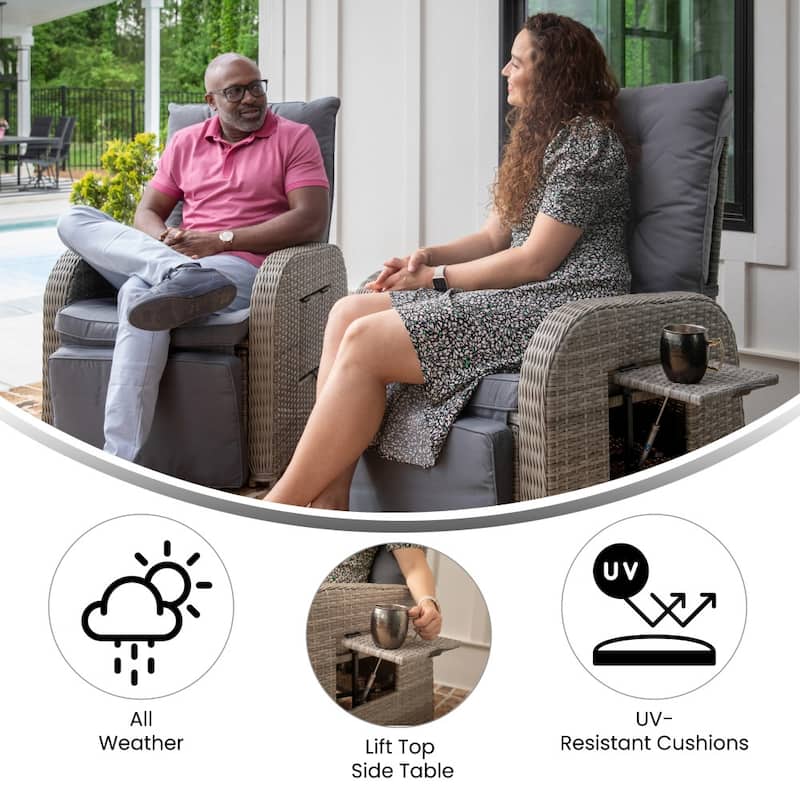 Indoor/Outdoor Wicker Rattan Recliner with Flip-Up Side Table