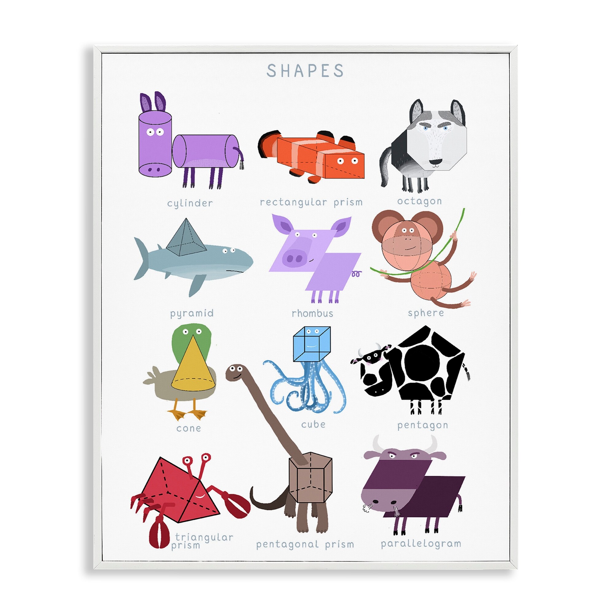 Stupell Learning 3D Shapes with Animals Framed Giclee Art Design By Carla Daly