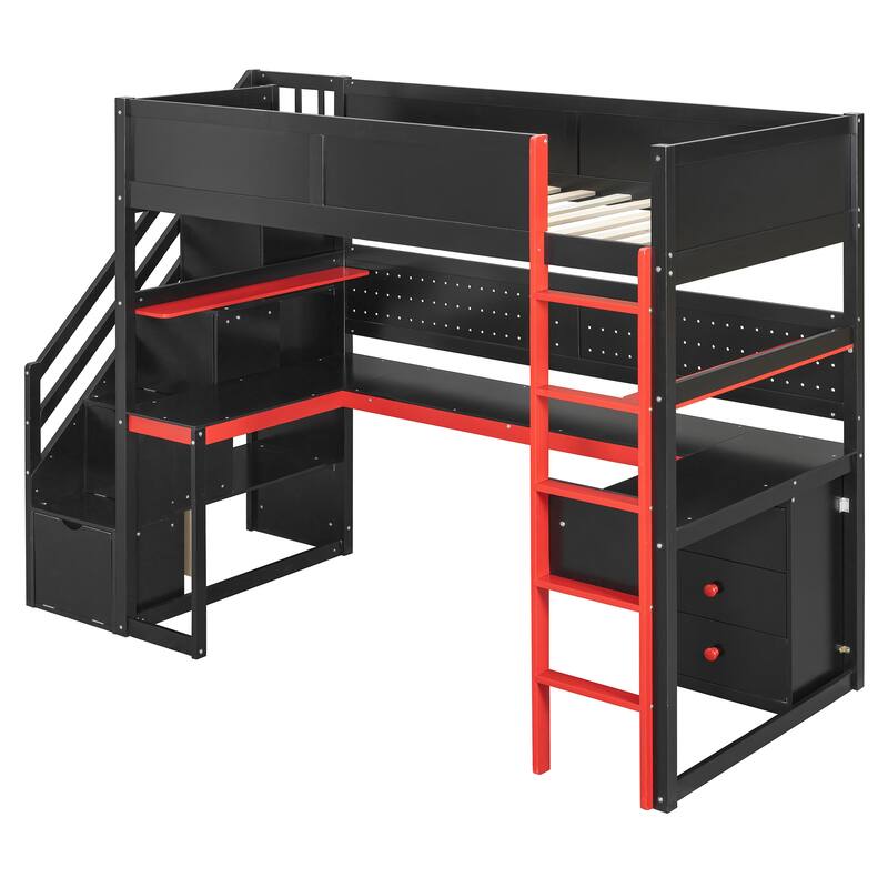 Gaming Loft Bed with Recessed Table Cabinet Pegboard Storage Stairs