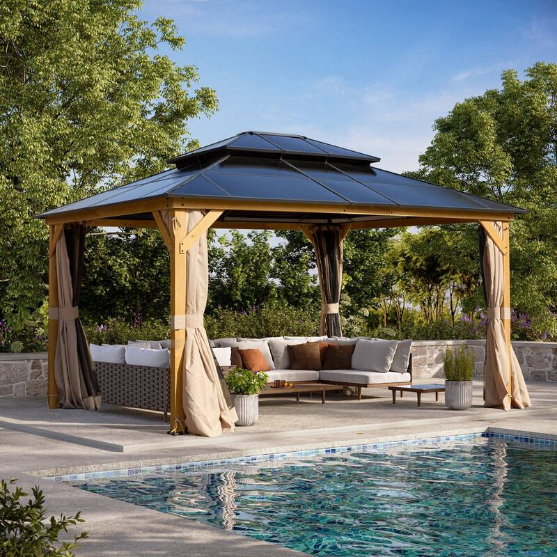 EROMMY Outdoor Wood Gazebo with Double Polycarbonate Roof, Heavy Duty Backyard Patio Pergola Canopy for Garden Shade