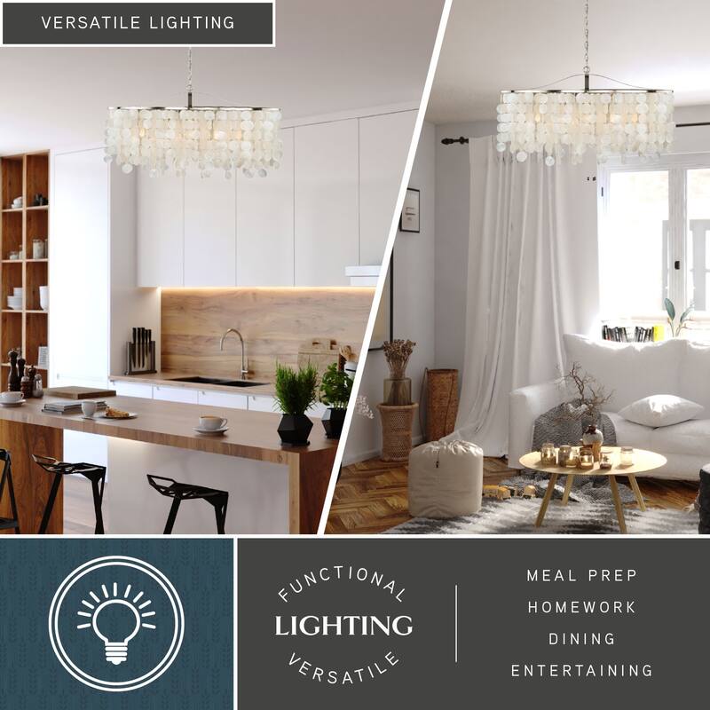 Elsa 5L Coastal Capiz Shell Linear Chandelier Island Pendant Light Fixture - 35.75-in W x 21-in H x 15-in D