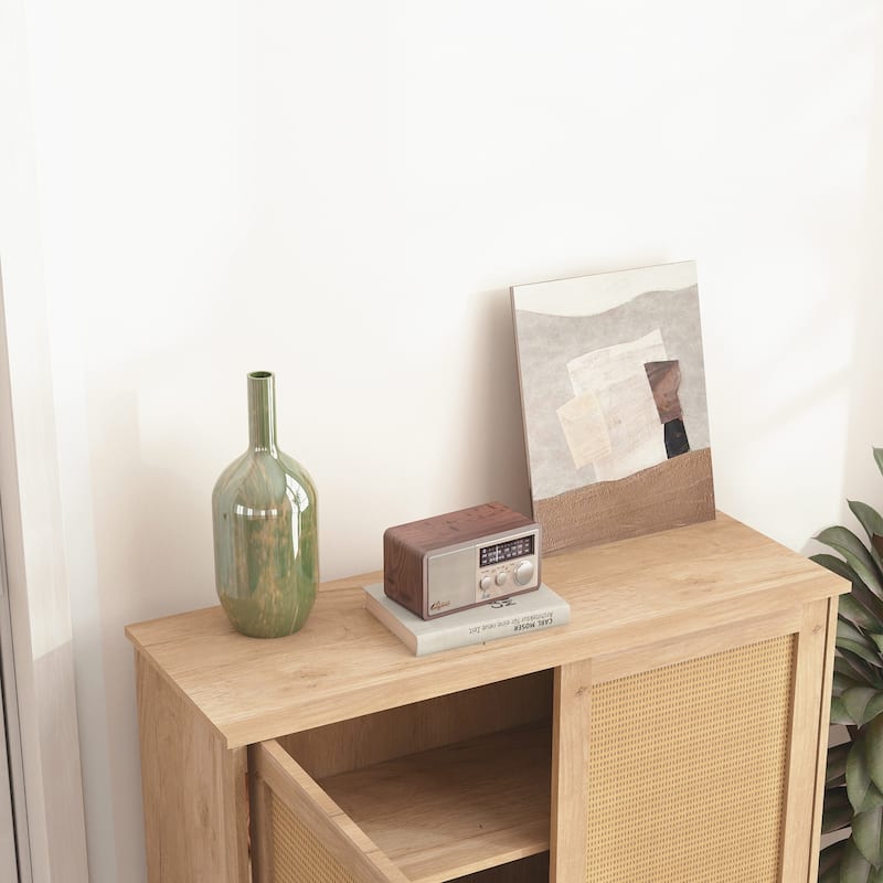 GDFStudio - Ethan Stylish Mid-Century Modern Storage Cabinet with Woven Rattan Doors and Adjustable Shelves - Particle Board