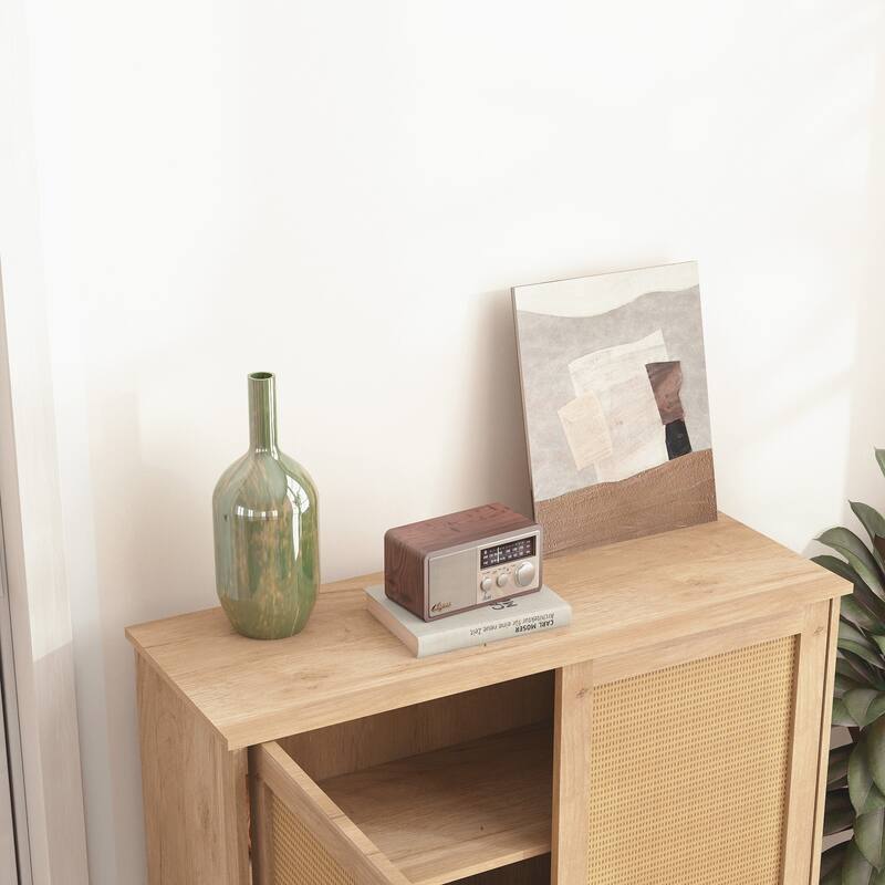 Mid-Century Modern Storage Cabinet with Woven Rattan Doors & Adjustable Shelves