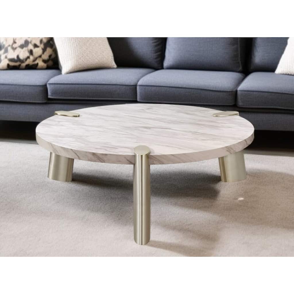 48" Gold And White Genuine Marble Round Coffee Table - 17" H x 48" W x 48" D