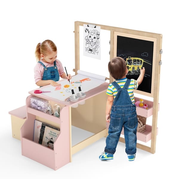slide 2 of 20, Kids Multifunctional Art Table & Bench Set with Adjustable Double-Sided Easel - 45" x 32" x 39.5" Pink