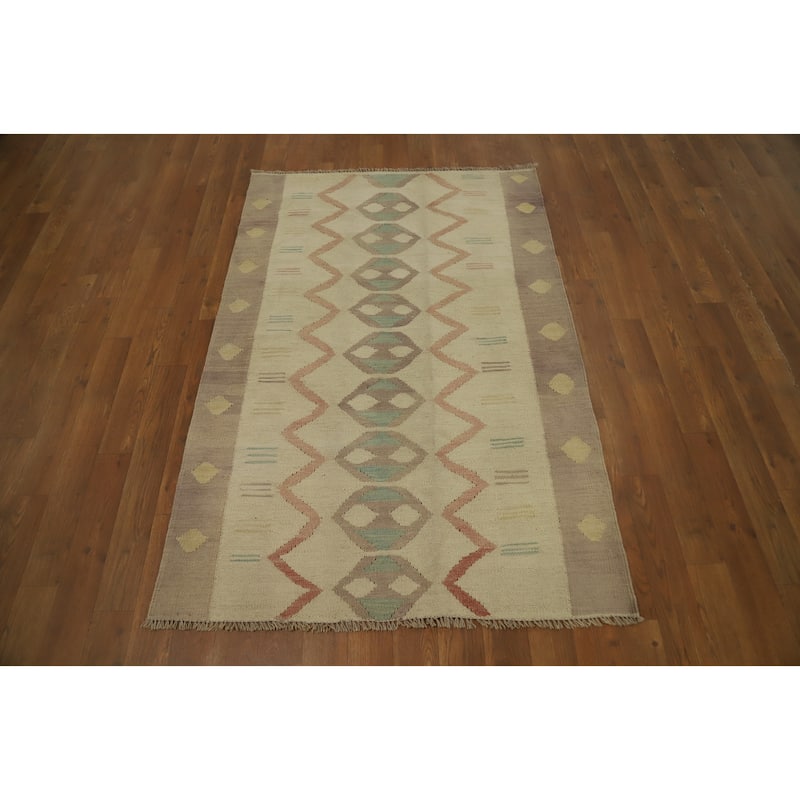 Hand Woven Oriental 100% Wool Carpet Southwestern Tribal Beige & Ivories Kilim Area Rug - 4' 7'' X 3' 1''