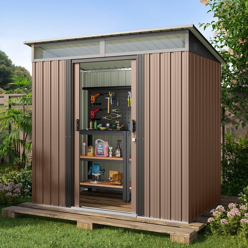 6' x 4' / 8' x 6' Outdoor Storage Shed, Galvanized Metal Garden Shed with Double Lockable Doors