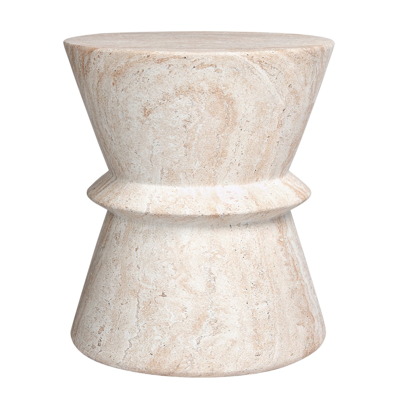 Hourglass Travertine Stone Finish Italian Design MgO Side Accent Table - 15.4"x15.4"x17.8"