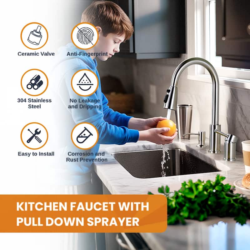 WOWOW Single Handle Pull Down Kitchen Faucet with Soap Dispenser